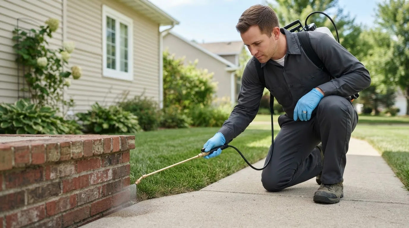 Pest control technician treating a home near Roulette, PA